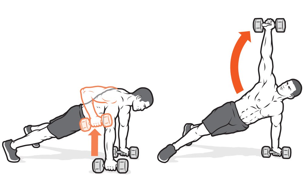 Renegade row to plank dumbbell raise